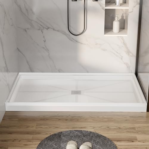 Findepot 60\'\' L X 32\'\' W X 4\'\' H Shower Base For Bathroom, Rectangle SMC Shower Pan In White, Single Threshold Shower Base, Stainless Steel Shower Drain Cover Included