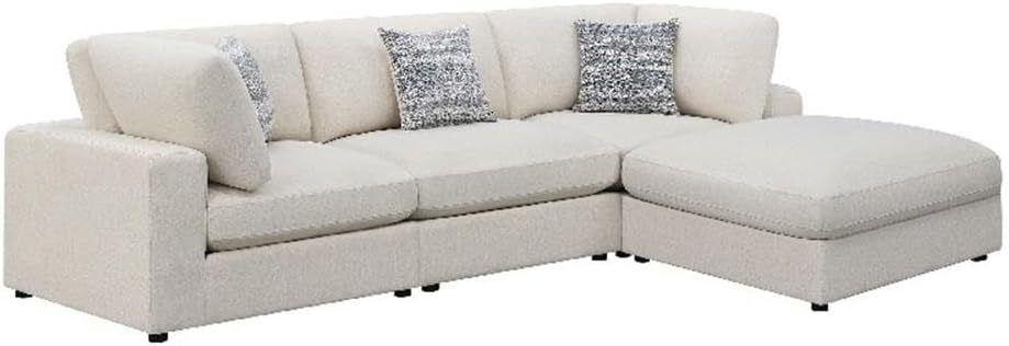 Pemberly Row 4 Piece Modular Sectional Sofa with Ottoman and 3 Pillows, Beige Linen-Blend Fabric, Plush Foam Cushions, Reversible Seats, 82L x 120W x 33H Inches, Contemporary Living Room Seating