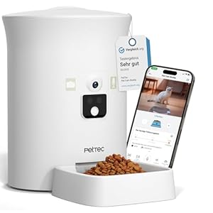 PetTec – Pet Cam Buddy Haustierkamera Futterautomat 8L für Katzen- & Hunde-Trockenfutter – Automatischer Futterspender mit WLAN & App-Steuerung -Inkl. 2-Wege-Audio, Bellerkennung & Nachtsicht