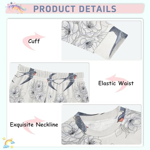 Pajama Sets Long Sleeve Birds Flowers Pattern Soft Comfy Sleepwear 2 Piece PJS 3-8T4