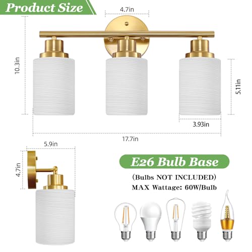Image of 3-Light Bathroom Light Fixtures, Vanity Lights for Mirror with Textured Milky White Glass Shade, Modern Kitchen Light Fixtures Wall Sconce Light - E26 Base - Brushed Gold
