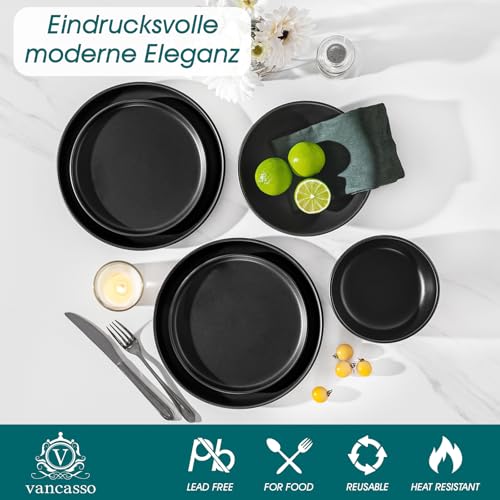 Geschirrset 6 Personen, vancasso PLAYA Steingut Geschirr set 24tlg für 6 Personen, Schwarz Tafelservice mit Teller set, Suppenteller set, Schalen & Salattellern, Spülmaschinenfest, Mikrowellengeeignet – Bild 3