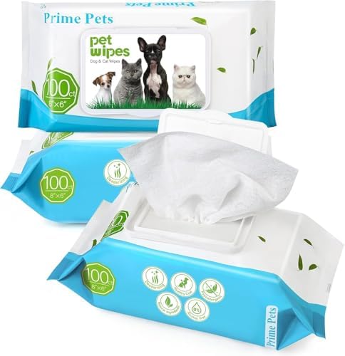 PrimePets Toallitas Perros Higiene, Toallitas para Gatos, 3 x 100 Piezas | Toallitas Suaves para el Cuidado de Perros, para Limpiar Trasero, Cara, Ojos, Orejas, Patas, Sin Perfume