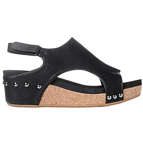 Corkys Women's Volta Wedge Sandal (Black Smooth, 9 M US)