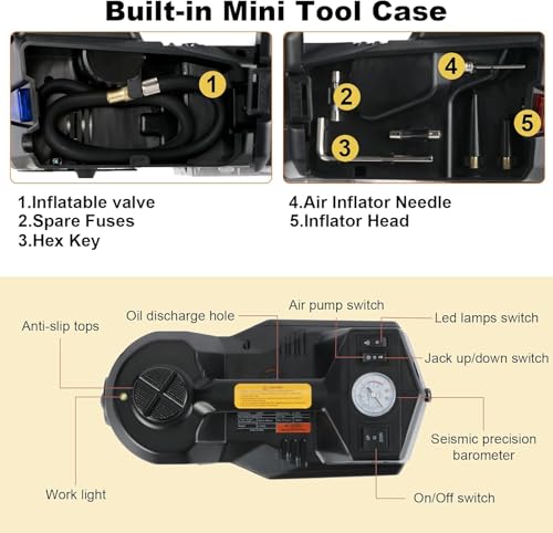 Image of Electric Car Jack Kit 5 Ton 12V Floor Jack with Impact Wrench and Tire Inflator Pump Portable Hydraulic Car Jack for SUV Sedans Tire Change with LED Light, Lifting Height 6 to 17.7 Inch (Black)