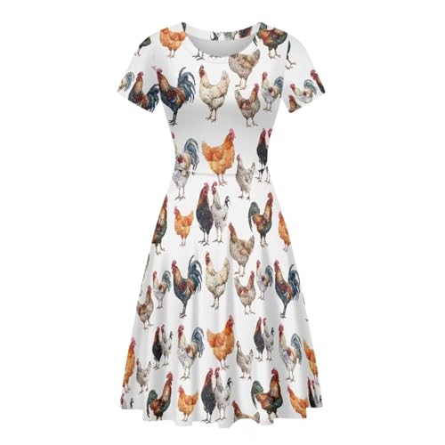 Image of HUGS IDEA Womens Puffy Swing Midi Dress Round Neck Short Sleeve Party A-Line Dresses