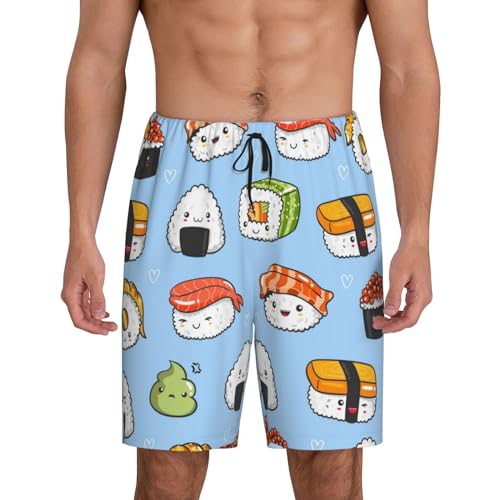 Kawaii Sushi Print Men’s Sleep Shorts Bottoms Soft Comfy Pajama Wear Pants With Drawstring Pockets