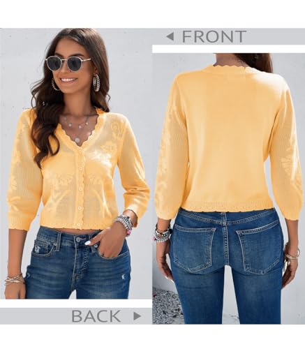 Image of Women Crop Cardigan Sweaters Lightweight 3 /4 Sleeve Button Up Crochet Shrug | Textured Bolero For Dresses Dressy Casual, V Neck, Ladies Eyelet Shawl Thin Trendy
