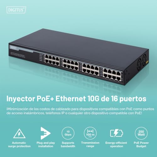 Inyector PoE + de 16 puertos para rack de 19 pulgadas con 250 vatios 2