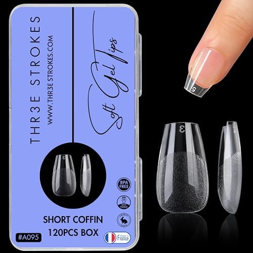 THR3E STROKES 120pcs Soft Gel NailTips, Gel X Nail Tips Clear Fake Nails Full Cover Soft Acrylic NailTips with Box for Extension Nail Manicure Salon Home DIY (Short Coffin Half Matte)