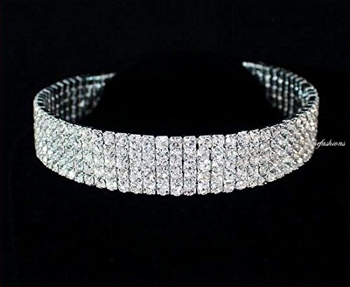 Janefashions 5-Row Five Rows Clear White Austrian Rhinestone Crystal Choker Collar Necklace Dance Party Jewelry Wedding Prom N060 Silver #TOP1