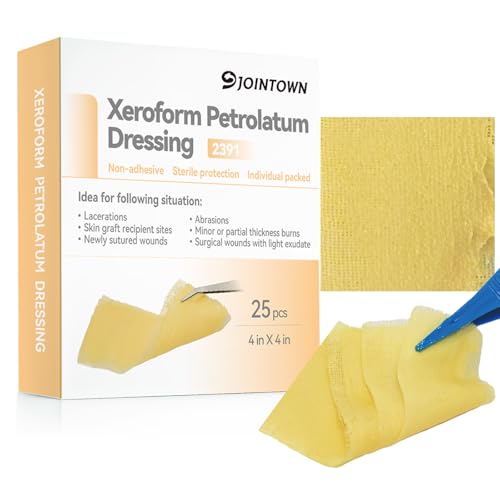 Jointown Xeroform Petrolatum Dressing Bandages, Soft Mesh Gauze Patch for Wound Care, Burns, Lacerations, Skin Grafts & Surgical Incisions, 4"x4", 25 Individual Pack