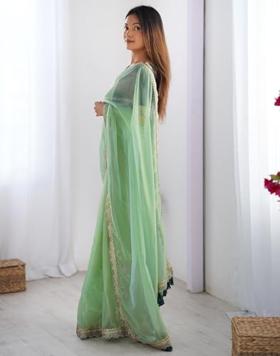 Image of SIRIL Women's Shimmer Net Lace Border Dual Tone Saree with Unstitched Blouse Piece