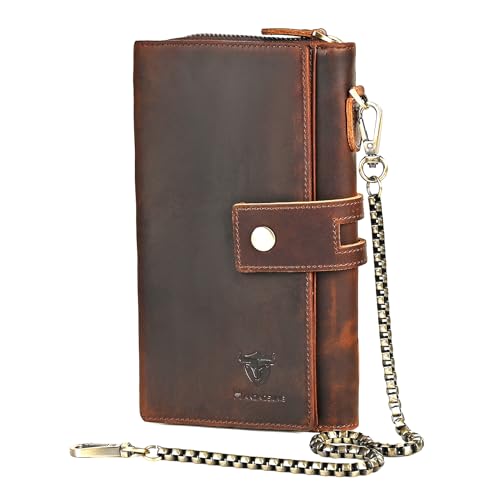 Image of Genuine Crazy Horse Leather Travel Gift Coin Pocket Card Case Long Organizer Chain Rfid Wallet Purse With Snap For Men Male 1803 1815 (W-1819-Brown)
