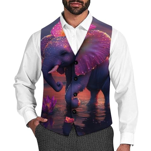 Cute Elephant with Flower Suit Vest for Men Slim Fit Sleeveless Jacket V Neck Business Waistcoat Button Up Dressy Top