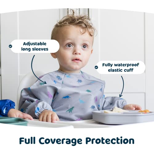 Image of Tiny Twinkle Long Sleeve Bib for Babies & Toddlers | Waterproof Smock Bib for Eating | Machine Washable & Mess-Proof Feeding Essentials | Newborn Shower Gift (Dinosaur, 2-4Y)