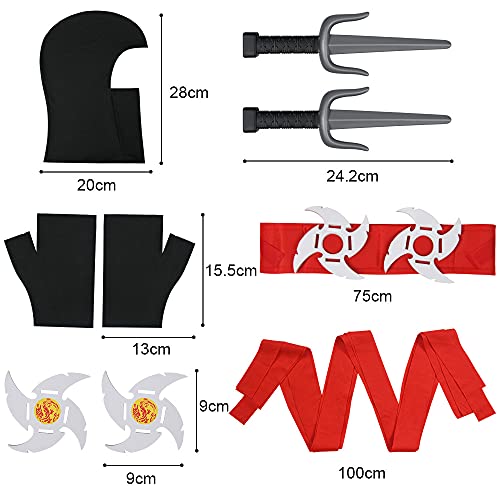 ACWOO Ninja-kostuum Voor Kinderen, 13-in-1 Halloween-kostuum Voor Kinderen, Ninja-kostuum Voor Kinderen Met Rode Riemen (arm- En Beenbanden), Werpsterren (darts), Ninjadolken, Maskers, Riemen En Handschoenen Voor Kindercosplay En Aankleden Feest, Carnaval, Halloween, Themafeest, Vechter - Image 4