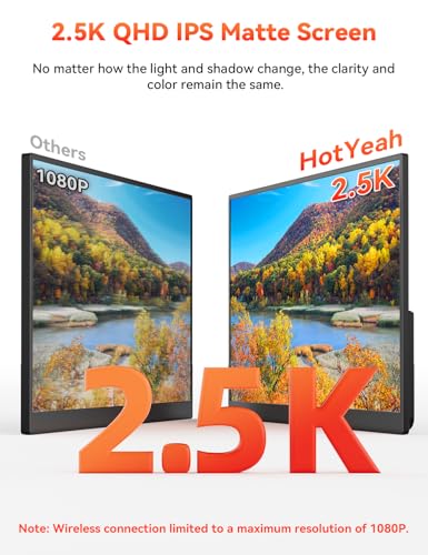 Image of HotYeah 17.3 inch 2.5K Wireless Portable Monitor, Support AirPlay Miracast, 2560x1440P IPS USB-C HDMI External Monitor, 2nd Screen for Laptop MacBook PC Phone Tablet, w /Built-in Battery(3-4H)