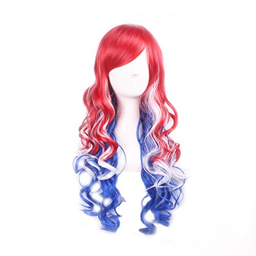 Women anime Harajuku Multi-Color Gradients Long Wavy Cosplay Wig Party Wig(Red,Blue and White)
