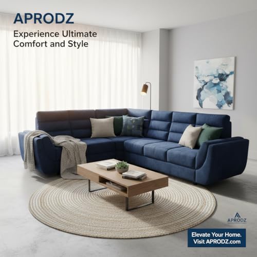 Image of APRODZ Wooden Sofa Set 6 Seater for Living Room, Solid Wood L Shape Sectional Sofa with Velvet Fabric Upholstery, Cushioned Seating for Home, Office & Lounge, Blue