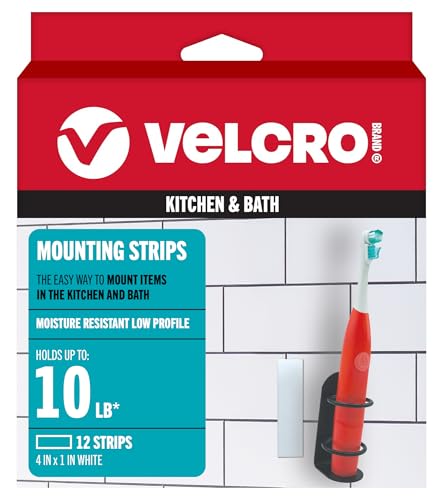 VELCRO Brand Kitchen and Bath Mounting Strips. Moisture Resistant for Hanging Shower Caddy, Shelves, Bathroom Decor. 12pk Strips. Holds 10 pounds. Easy Peel and Stick Application, White