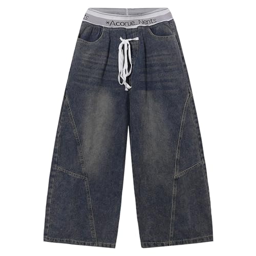 Double Waist Sweatpants Wide Leg Denim Pants with Elastic Drawstring Double Waisted Washed Sweatpant Jeans