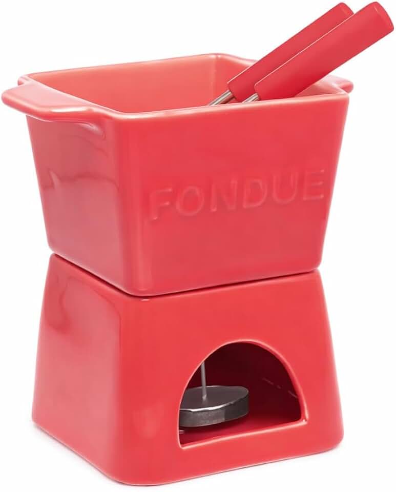 Aparelho de Fondue para Duas Pessoas 6 Peças Vermelho Quadratto em Porcelana – Ideal para Queijo, Chocolate e Momentos Românticos