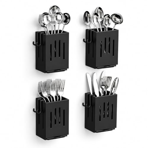 Image of KitchAntiqueWall Mounted 4 Pc Utensil Holder with Hooks | Self Draining Cutlery Organizer, Adhesive Installation | Waterproof Kitchen Spoon Chopstick Storage Rack for Countertop & Wall Use (Black)