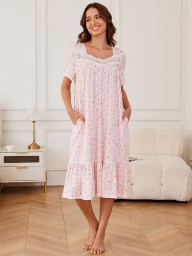 Image of CRIPOM Long Nightgowns for Women Lace Collar Floral Print House Dresses with Pockets S-3XL