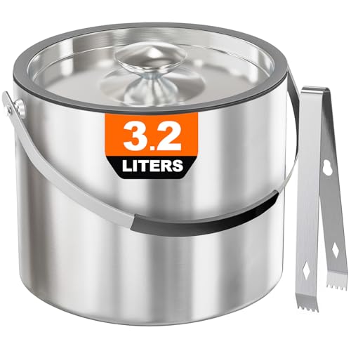 3,2 L Eiswürfelbehälter mit Deckel und Zange，Doppelwandig Isoliert Edelstahl Eiswürfelbehälter für Wein ，Premium Eiseimer für Eiswürfel, Eiskübel für die Eiswürfel Aufbewahrung