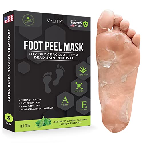 VALITIC Foot Peel Mask for Dry Cracked Feet and Dead Skin Callus Removal - Vitamin E & A Aloe Vera Collagen Moisturizing Natural Korean Complex - Extra Strength - Men and Women 3 Pairs - Tea Tree