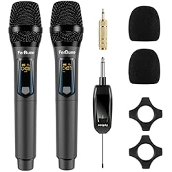 Consola Para Microfonos Inalambricos FerBuee UHF Micrófono Inalámbrico Dual Dynamic Micrófono con Receptor y Anillo Antideslizante, Micrófono Inalámbrico, Sistema de Micrófono Inalámbrico para Karaoke, Reuniones, Compere