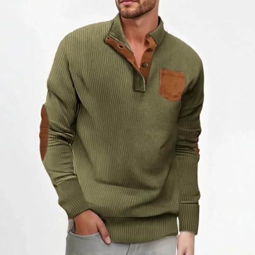 Hawyet Corduroy Pullovers for Men Retrp Style Stand Collar Elbow Patched Long Sleeve Winter Fall V Neck Sweaters4