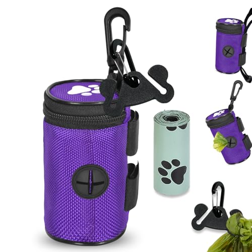 Dog Waste Bag Dispenser Pet Poop Bags Holder for Doggie Waste Bags Dispensers Soft Fabric Zipper Small Doggy Puppy Pouch for Leash Accessory Attachment with Carrier,Paw Print, No-XYBpurple