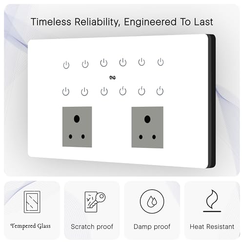 Image of IOTICS Smart Wifi Switch Board: 12 x Switch & 2 Smart Plug Module. Touch Control, Remote, App Control. Voice Control with Alexa & Assistant. Smart Touch Switch Board For Home Automation (White)