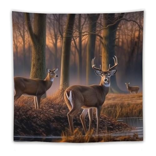 Tapisserie murale en tissu lavable motif cerfs et faune sauvage