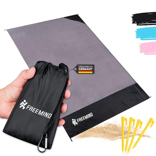 freemind Outdoor Picknickdecke - ultraleichte, dünne Stranddecke ohne Polsterung - 140 x 200 cm - wasserabweisend, kompakt, sandfrei - Mini Pocket Blanket - inkl. Tasche, 4 Heringen, Karabiner