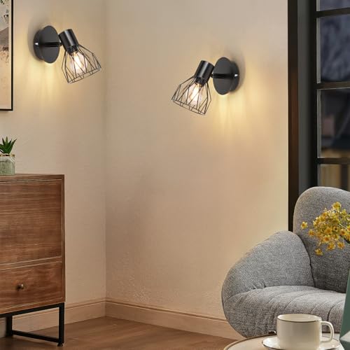 Wall Lights Industrial with E14 Socket Adjustable Wire Cage Wall Light Shade Black Metal Sconce Wall Lamp for Indoor Home Living Room Bedroom Hallway Shop 2 Packs - Image 3