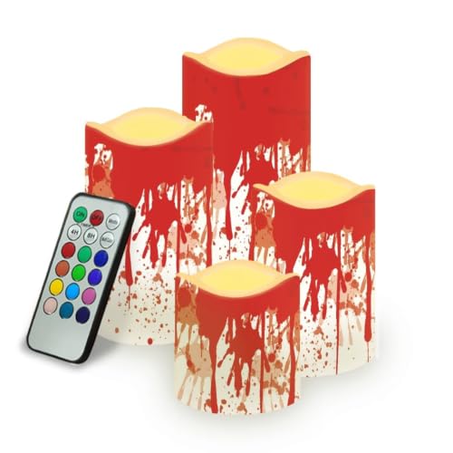 Image of Blood Splatter Flameless Candles Set of 4 with Remote Control | Halloween LED Flameless Candle Set with Timer, Battery Operated Fake Candles for Kitchen Room Home Decor