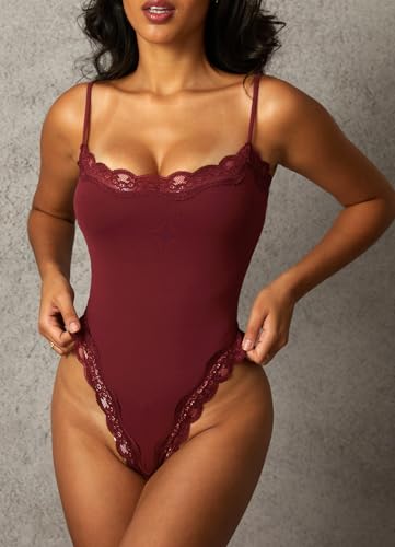 Image of Navneet Women Sexy Lace Bodysuit Lace Trim High Cut Thong Spaghetti Strap Cami Bodysuit Going Out Tank Tops Body Suit