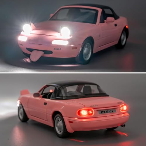 Image of 1:24 Mazda Miata MX-5 Pink Model Toy Car with Pullback, Removable Top, Blinking Lights with Sound and Bright Lights