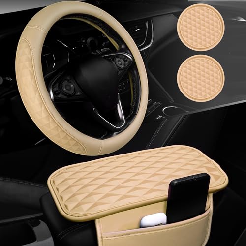 CAR PASS 3D Rhombus Leather Steering Wheel Cover Car Accessories Set Comfortable Center Console Armrest Cushion with Storage Bags 2 Non-Slip Cup Coasters 14.5-15in Car Interior Sets 4 PCS All Beige