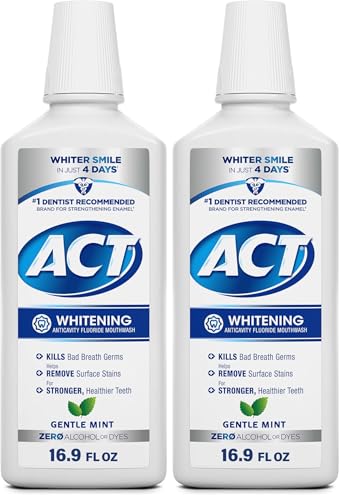 ACT Whitening + Anticavity Fluoride Mouthwash 16.9 fl. oz. with Zero Alcohol, Dye Free, Gentle Mint (Pack of 2)