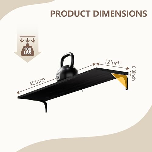 Image of Deep Floating Shelves, 12 Inch Extra Wide Solid Wood Wall Shelves, 48 Inch Long Heavy Duty Wall Mounted Bookshelf for Living Room, Kitchen and Bedroom, Set of 3 (Black)