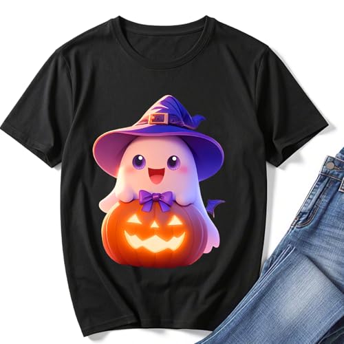 IRUD Halloween Shirts for Women - Pumpkin Ghost Wizard Hat Pattern Round Neck Short Sleeve - image 5