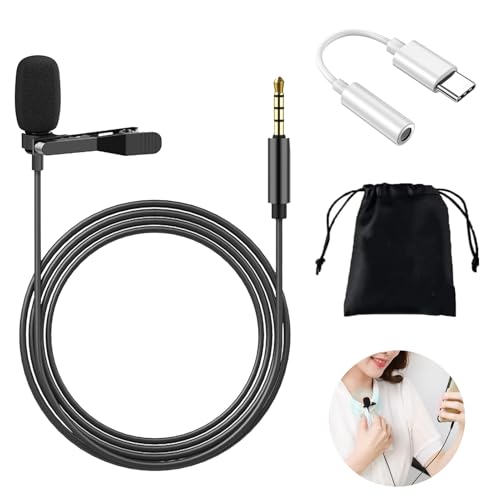 Lavalier Microphone, Clip-On Lapel Omnidirectional Condenser Mic with Type-C & 3.5mm Adapter, Noise-Cancelling Mic for Phone, PC, DSLR, Laptop - Ideal for Recording, Interviews, Gaming, and Podcasting