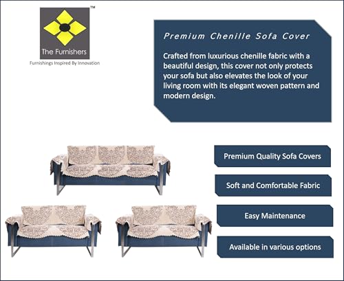 Image of Premium Chenille Woven Anti-Slip 7 Seater Sofa Cover with Arm Rest | L-Shape Sofa Seat Protector for Living Room | Durable & Stylish Slipcover - Beige - Phoolkari