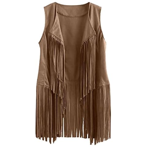 Damen Quaste Ärmellose Weste Offene Front 70er Jahre Hippie Faux Wildleder Fringe Jacke Cardigan Leichte Weste Cover