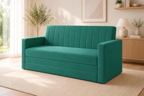 Image of Los Angeles Velvet Three-Seater Sofa Cum Bed with Armrest, Multipurpose Convertible Sleeper Couch Sofa for Living Room, Bedroom & Office- Green Color