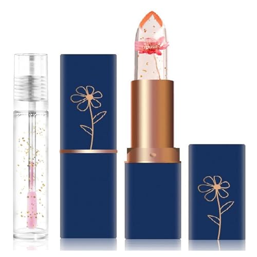 Ensemble de rouge à lèvres Crystal Flower Jelly 2 bâtons ensemble de rouge à lèvres et de baume à changement de couleur magique rouge à lèvres transparent pH de rouge à lèvres hydratant durable (#01)
